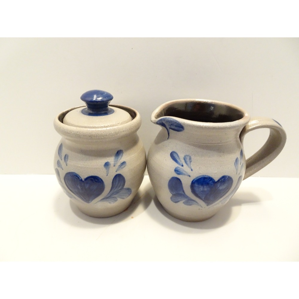 Rowe Pottery Works Salt Glazed Stoneware Cream and Sugar Set Blue Heart 2001